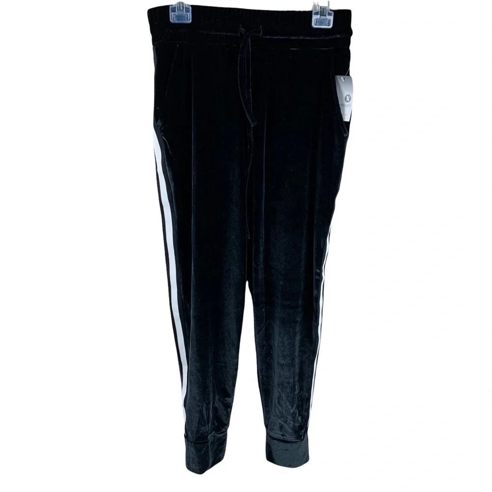 Xersion Studio Black Velour Joggers with Track Pant Stripes Size Medium NWT
